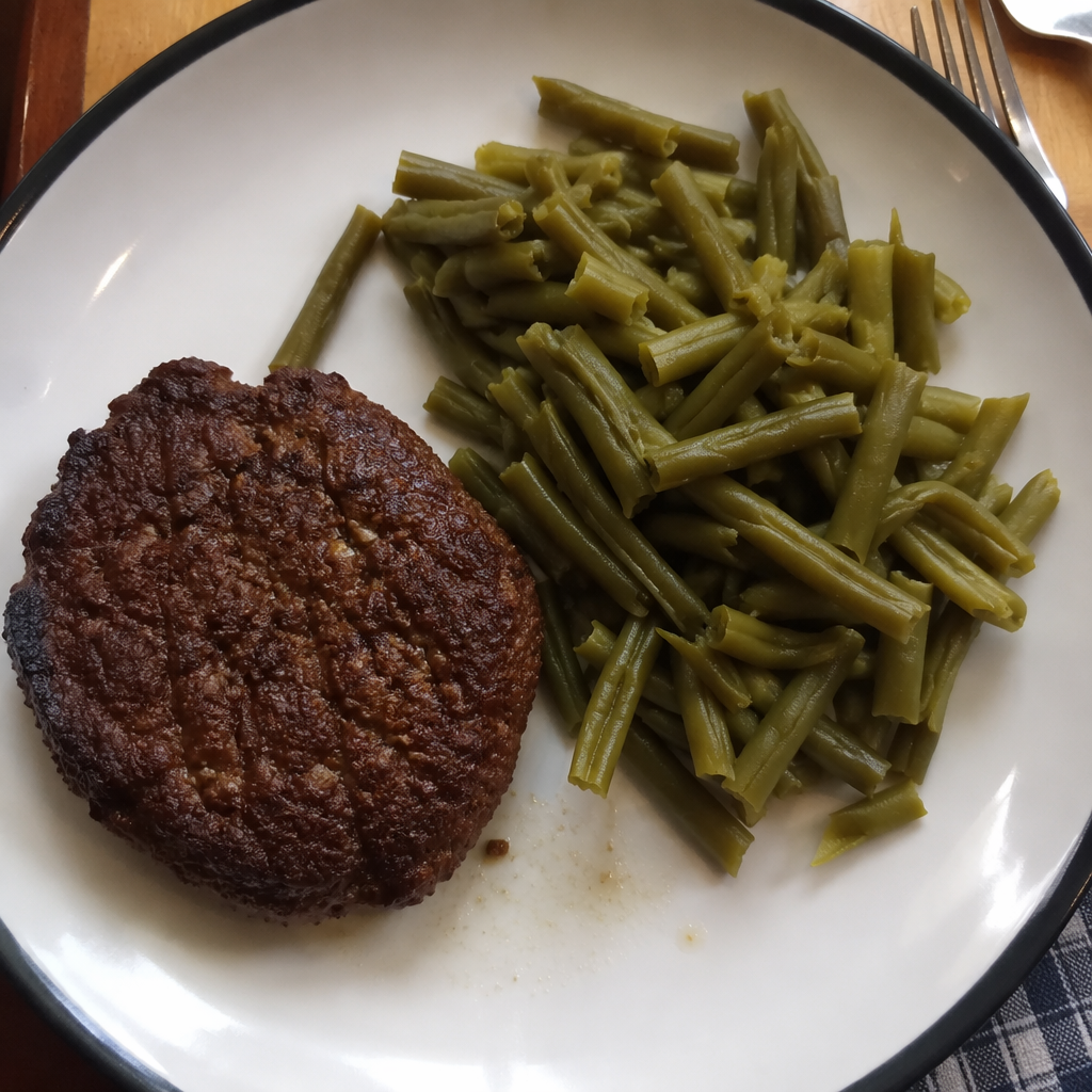 Steak haché, haricots verts sautés